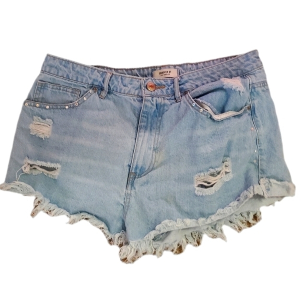 Diamond Studded High Wasted Light Blue Distressed Cut Off Denim Shorts 30